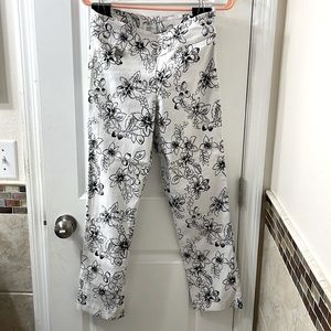 Lisette L dress pants. White w. black & grey floral, elastic waist. Size 10